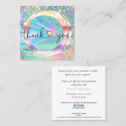 modern manuscript holographic dank u voor uw orde vierkante visitekaartje (Voorkant / Achterkant)