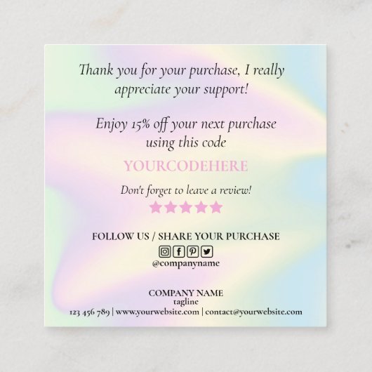 modern manuscript holographic dank u voor uw orde vierkante visitekaartje (Achterkant)