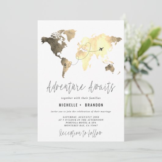 Modern Map of the World Blue Wedding Trip Bedankkaart (Staand voorkant)