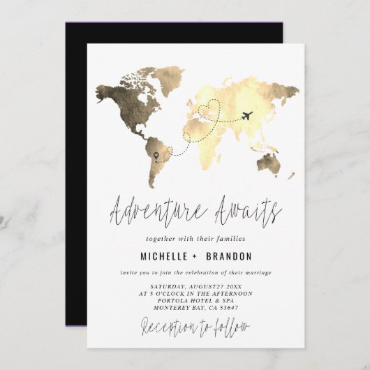 Modern Map of the World Blue Wedding Trip Bedankkaart (Voorkant / Achterkant)