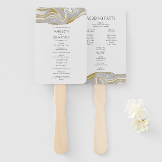 Modern Marble and Gold Wedding Program Hand Fan Handwaaier (Voorkant en achterkant)