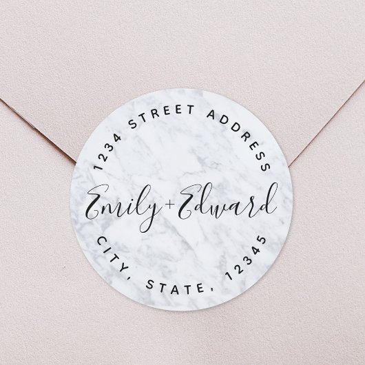 Modern Marble Couple Names Weddenschap Adres Ronde Sticker