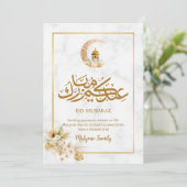 Modern Marble Eid Mubarak Card Gold Crescent Feestdagenkaart (Staand voorkant)