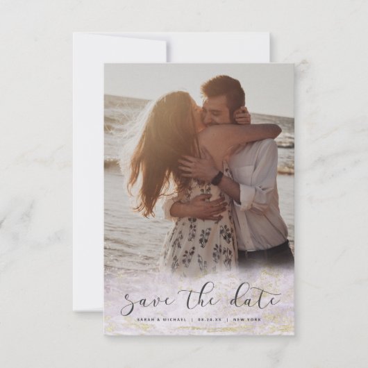 Modern Marble Fade Violet met Goud Aangepaste Foto Save The Date (Voorkant)