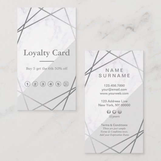 Modern Marble Geometric Silver Grey Loyalty Visitekaartje (Voorkant / Achterkant)