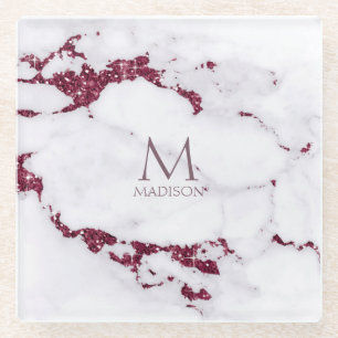 Modern Marble Glitter Monogram Burgundy ID816 Glazen Onderzetter