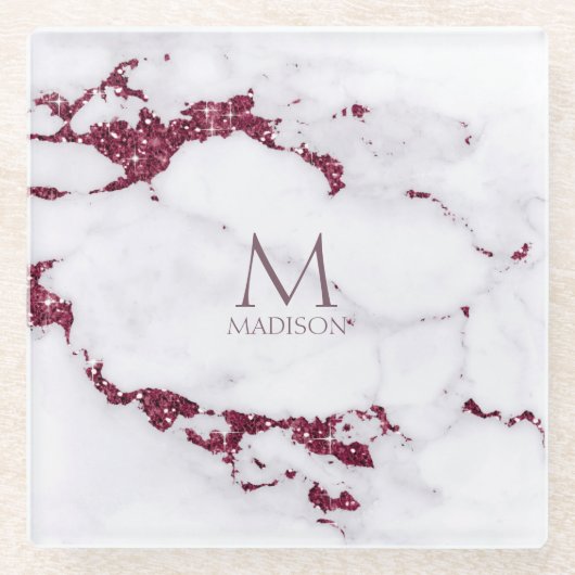 Modern Marble Glitter Monogram Burgundy ID816 Glazen Onderzetter (Voorkant)