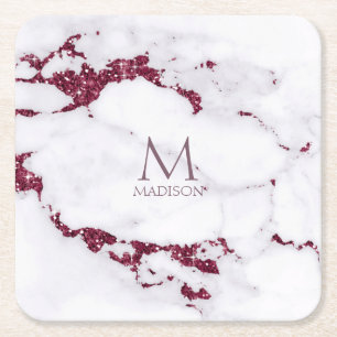 Modern Marble Glitter Monogram Burgundy ID816 Kartonnen Onderzetters