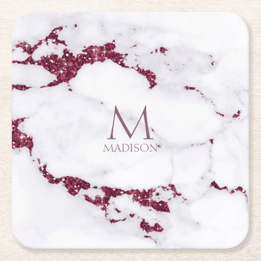 Modern Marble Glitter Monogram Burgundy ID816 Kartonnen Onderzetters (Voorkant)