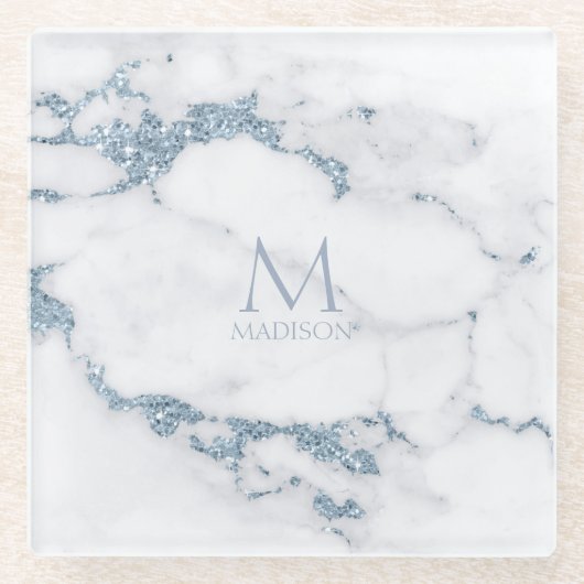 Modern Marble Glitter Monogram Dusty Blue ID816 Glazen Onderzetter (Voorkant)