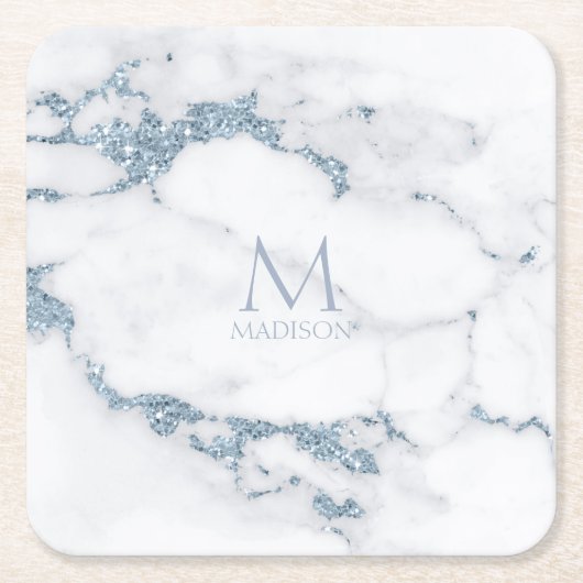 Modern Marble Glitter Monogram Dusty Blue ID816 Kartonnen Onderzetters (Voorkant)
