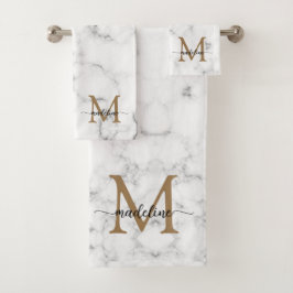 Modern Marble Gold Girly Script Monogram Bad Handdoek