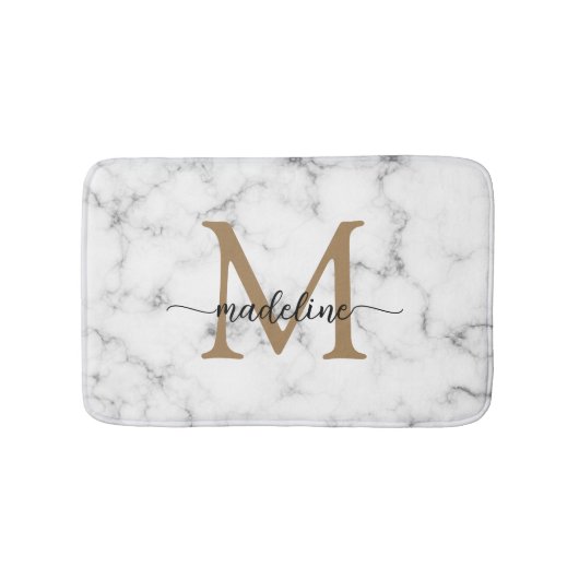 Modern Marble Gold Girly Script Monogram Badmat (Voorkant)