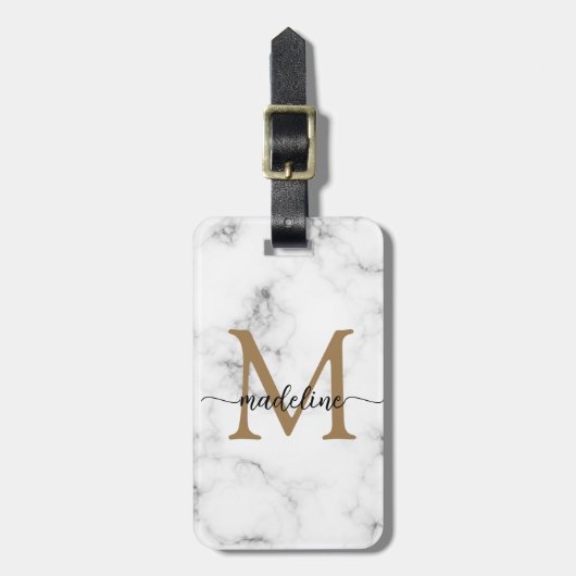 Modern Marble Gold Girly Script Monogram Bagagelabel (Voorkant verticaal)