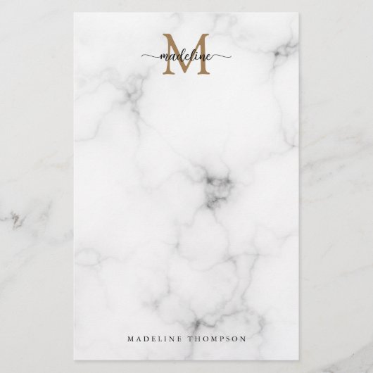 Modern Marble Gold Girly Script Monogram Briefpapier (Voorkant)