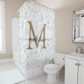 Modern Marble Gold Girly Script Monogram Douchegordijn (In situ)