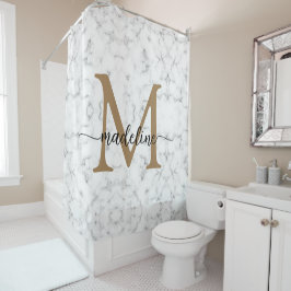 Modern Marble Gold Girly Script Monogram Douchegordijn
