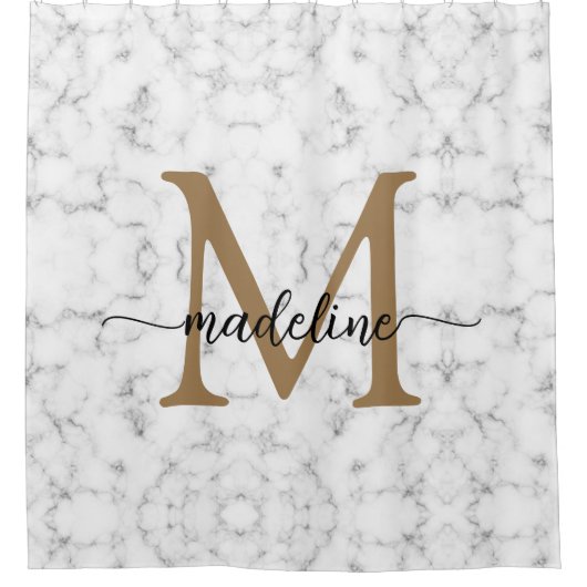 Modern Marble Gold Girly Script Monogram Douchegordijn (Voorkant)