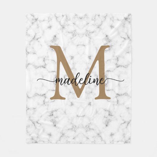 Modern Marble Gold Girly Script Monogram Fleece Deken (Voorkant)