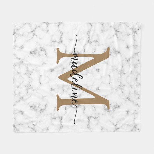 Modern Marble Gold Girly Script Monogram Fleece Deken (Voorkant (Horizontaal))