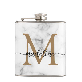 Modern Marble Gold Girly Script Monogram Heupfles