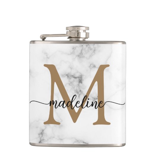 Modern Marble Gold Girly Script Monogram Heupfles (Voorkant)