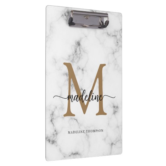Modern Marble Gold Girly Script Monogram Klembord (Rechts)