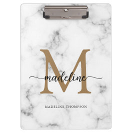Modern Marble Gold Girly Script Monogram Klembord