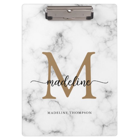 Modern Marble Gold Girly Script Monogram Klembord (Voorkant)