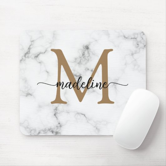 Modern Marble Gold Girly Script Monogram Muismat (Met muis)