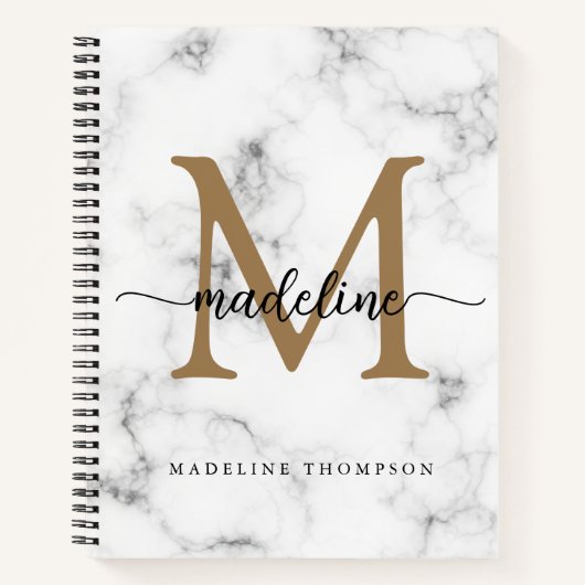 Modern Marble Gold Girly Script Monogram Notitieboek (Voorkant)