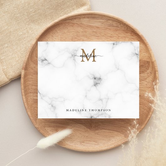 Modern Marble Gold Girly Script Monogram Notitiekaartje