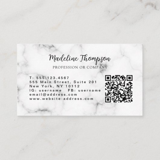 Modern Marble Gold Girly Script Monogram QR Code Visitekaartje (Achterkant)