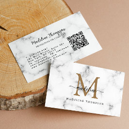 Modern Marble Gold Girly Script Monogram QR Code Visitekaartje