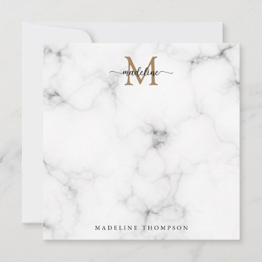 Modern Marble Gold Girly Script Monogram Square Notitiekaartje (Voorkant)