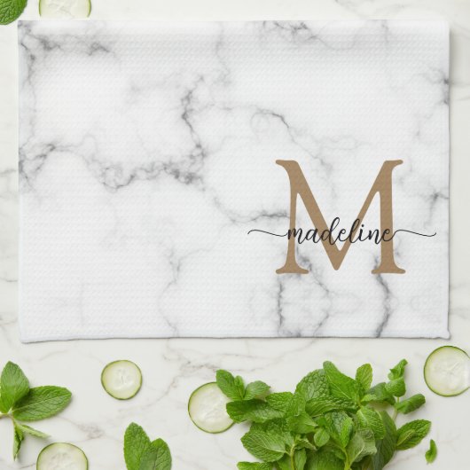 Modern Marble Gold Girly Script Monogram Theedoek (Gevouwen)