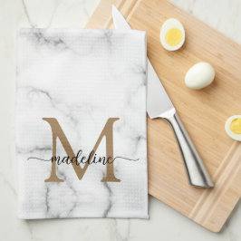 Modern Marble Gold Girly Script Monogram Theedoek