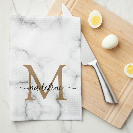 Modern Marble Gold Girly Script Monogram Theedoek (Quarter Fold)