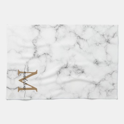 Modern Marble Gold Girly Script Monogram Theedoek (Horizontaal)
