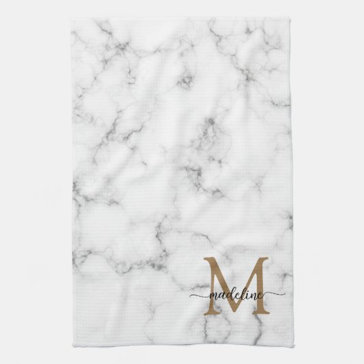 Modern Marble Gold Girly Script Monogram Theedoek (Verticaal)