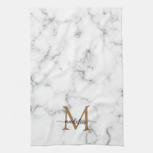 Modern Marble Gold Girly Script Monogram Theedoek (Verticaal)