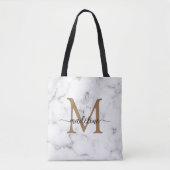 Modern Marble Gold Girly Script Monogram Tote Bag (Voorkant)