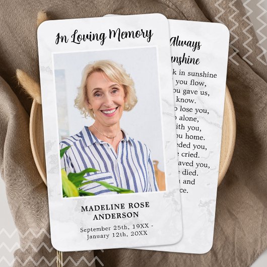 Modern Marble Photo Sympathie Memorial Prayer Kaar Contactkaartje