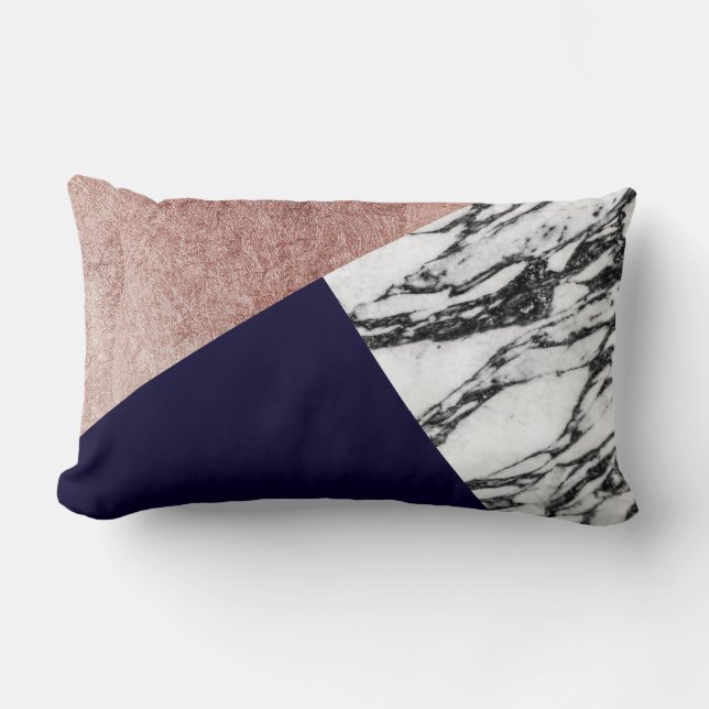 Modern Marble Roos Gold en Navy Blue Tricut Geo Kussen (Voorkant)