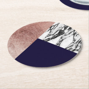 Modern Marble Roos Gold en Navy Blue Tricut Geo Ronde Kartonnen Onderzetter