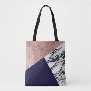 Modern Marble Roos Gold en Navy Blue Tricut Geo Tote Bag