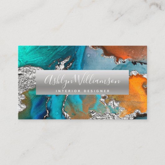 Modern marble waterverf Silver Turquoise script Visitekaartje (Voorkant)