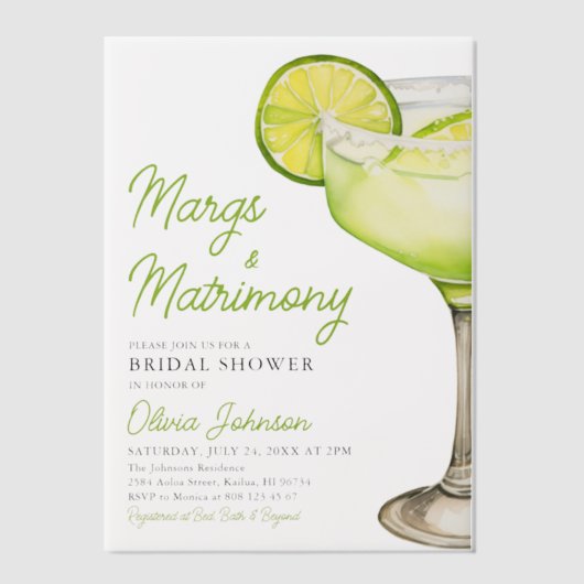 Modern Margs & Matrimony Cocktail Vrijgezellenfees Vellum Uitnodigingen (Voorkant)