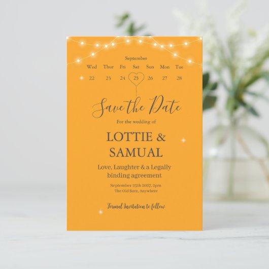 Modern Marigold fairy lights Save The Date (Staand voorkant)