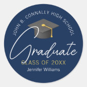 Modern marineblauw Afstuderen afstudeerfeest op ma Ronde Sticker (Voorkant)